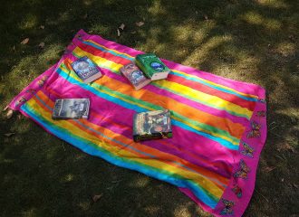 Bücher liegen auf einer Picknickdecke.