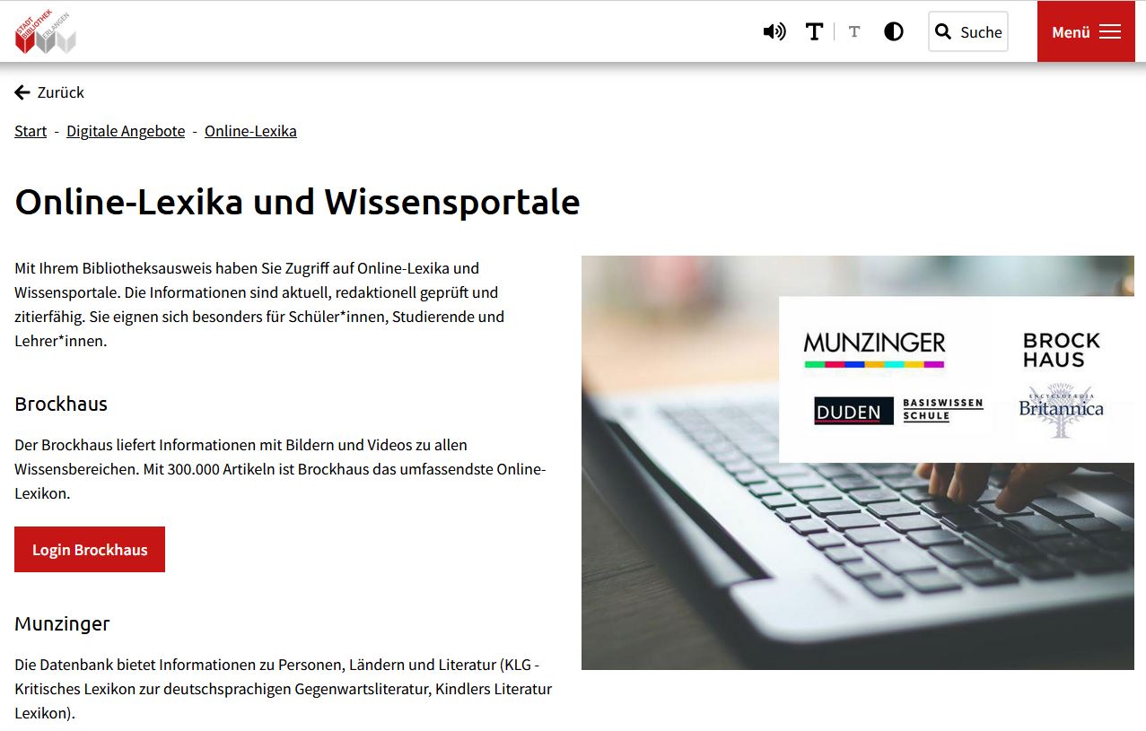 Screenshot Website Stadtbibliothek Online-Lexika