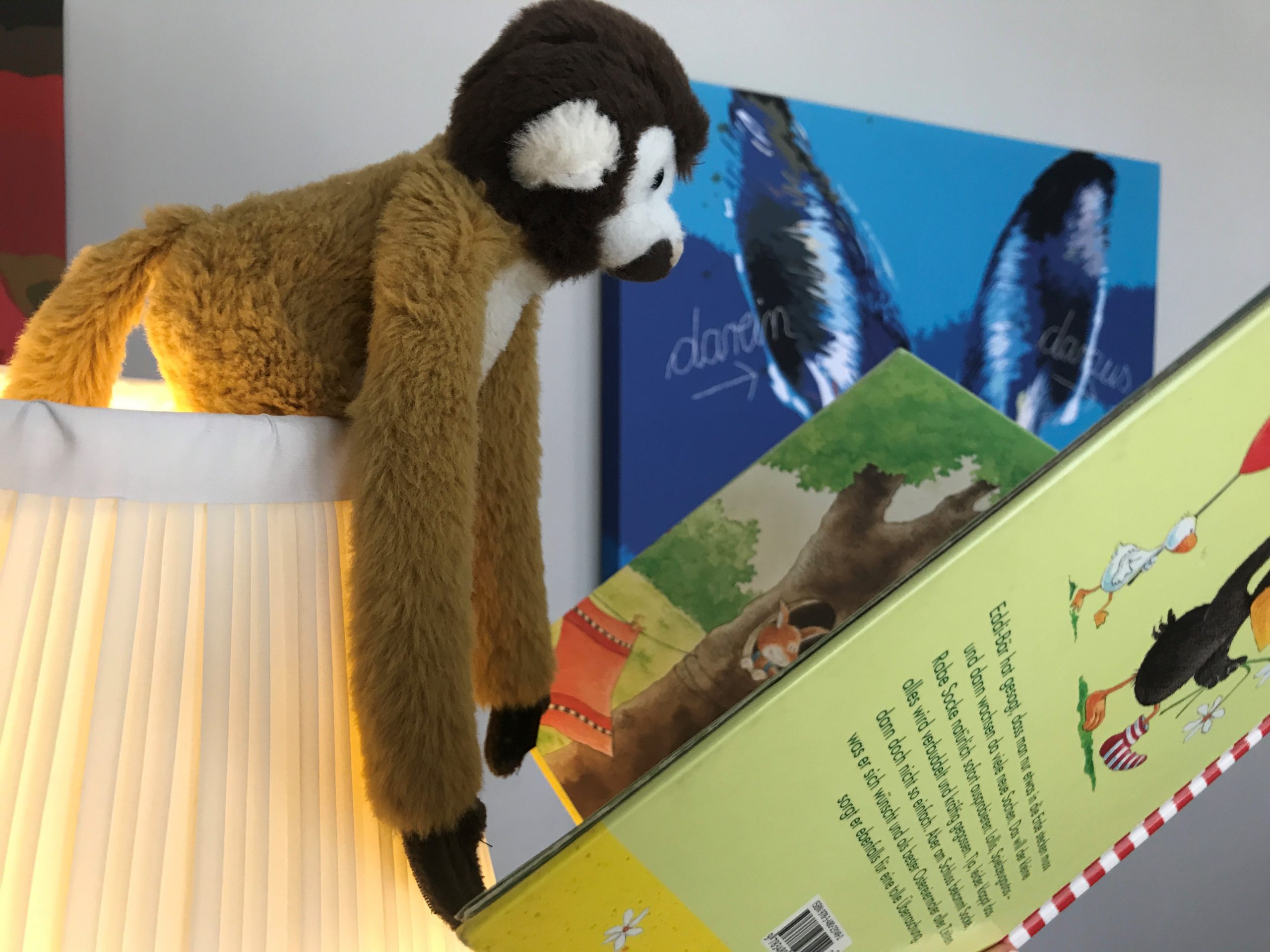 Ein Affe liest ein Bilderbuch.