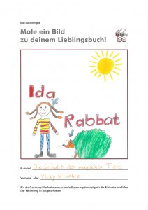 Bild vom Mal-Gewinnspiel im Rahmen des hundertjährigen Jubiläums der Stadtbibliothek von Ida und Rabbat aus dem Buch Die Schule der magischen Tiere.