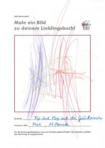 Ein gemaltes Bild zum Bilderbuch Pip und Posy und das Gruselmonster im Rahmen des Mal-Gewinnspiels zum 100-jährigen Jubiläum der Stadtbibliothek Erlangen