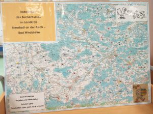 Eine Karte des Landkreis Neustadt an der Aisch - Bad Windsheim mit Markierungen für die Bücherbus-Haltestellen