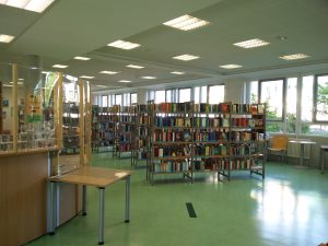 Regale mit Romanen in der Kreisbücherei Neustadt