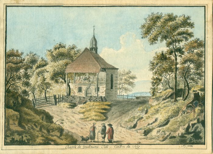Die Tellskapelle am Ufer des Vierwaldstättersees (Kanton Schwyz), kolorierter Kupferstich nach Johann Conrad Gessner (1764-1826) (Privatsammlung)