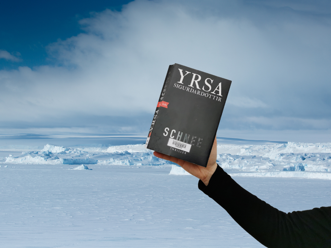Mensch hält Buch "Schnee" von Yrsa Sigurdarttir in die Kamera. Im Hintergrund ist eine Schneelandschaft zu sehen.